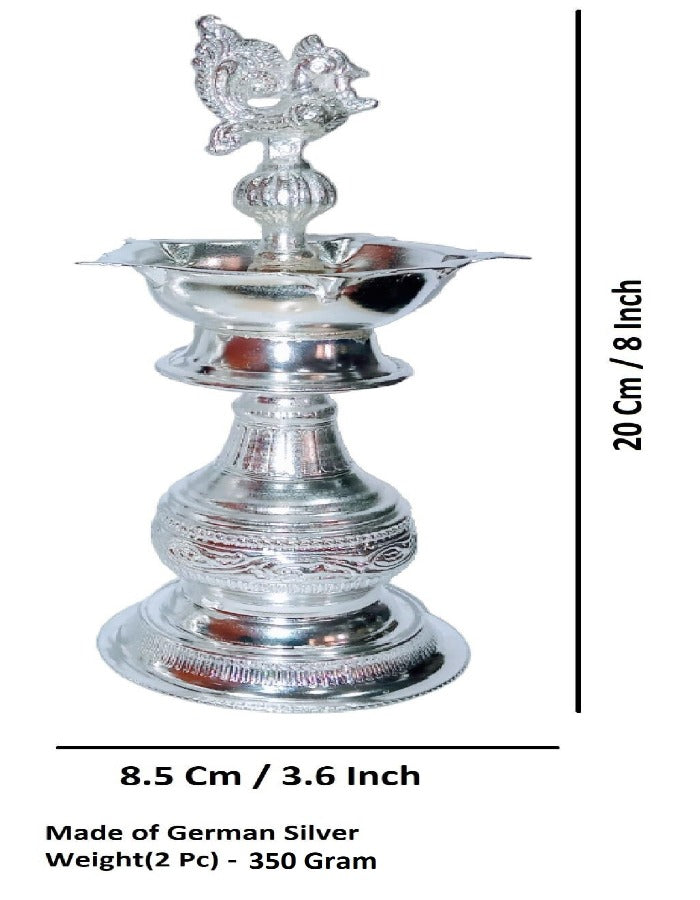 Sigaram 8X3.5 Inch Peacock Diya Made by Pure German Silver For Puja K4240