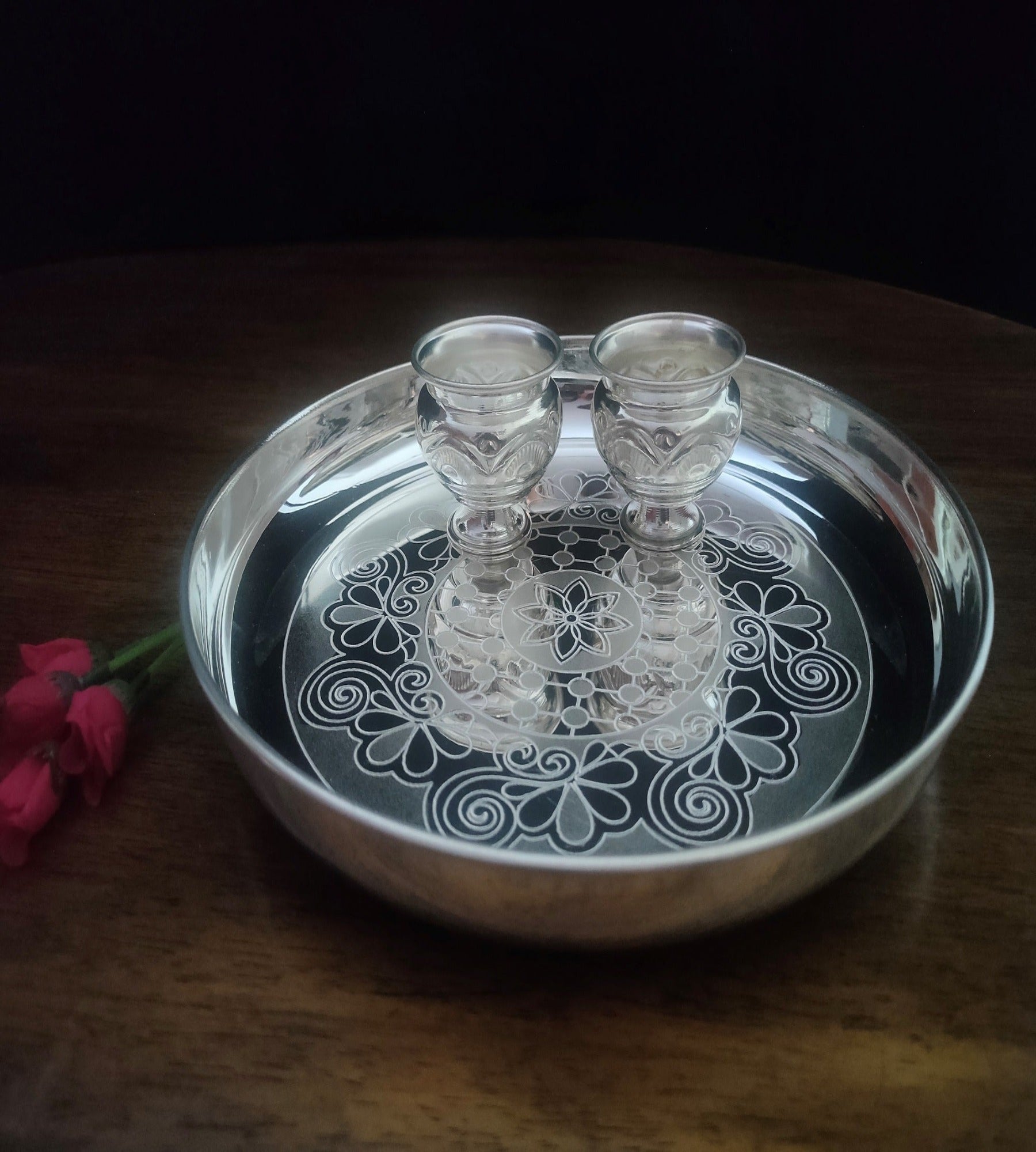 Sigaram German Silver 10 Inch Plate and Kum Kum Cup For Home Pooja Decore K2448