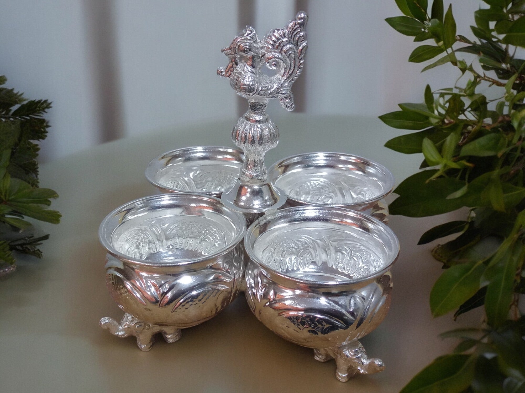 Sigaram German Silver 4Cup Panchwala  with Peacock Handle For Home Pooja Decor K4002