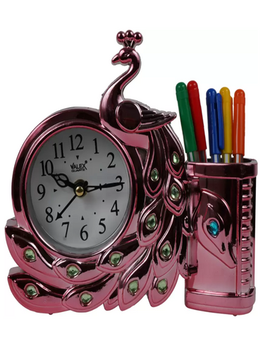 19x17 Cm Peacock Table Clock with Penstand For Home Office College K4177