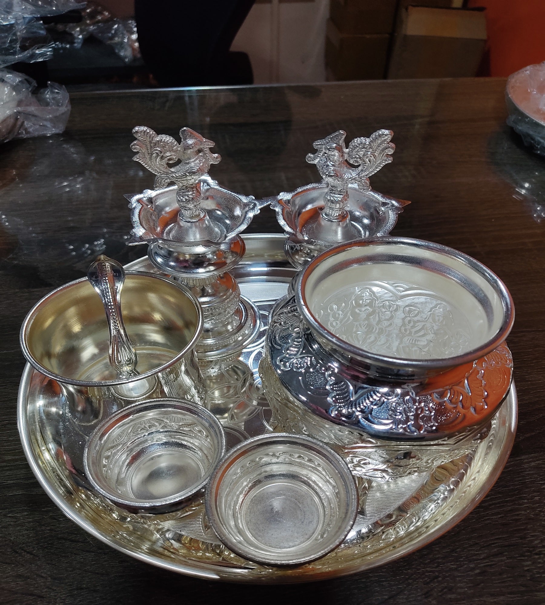 Sigaram German Silver Designed Pooja Thali Set For Vara Mahalakshmi Festival K4429