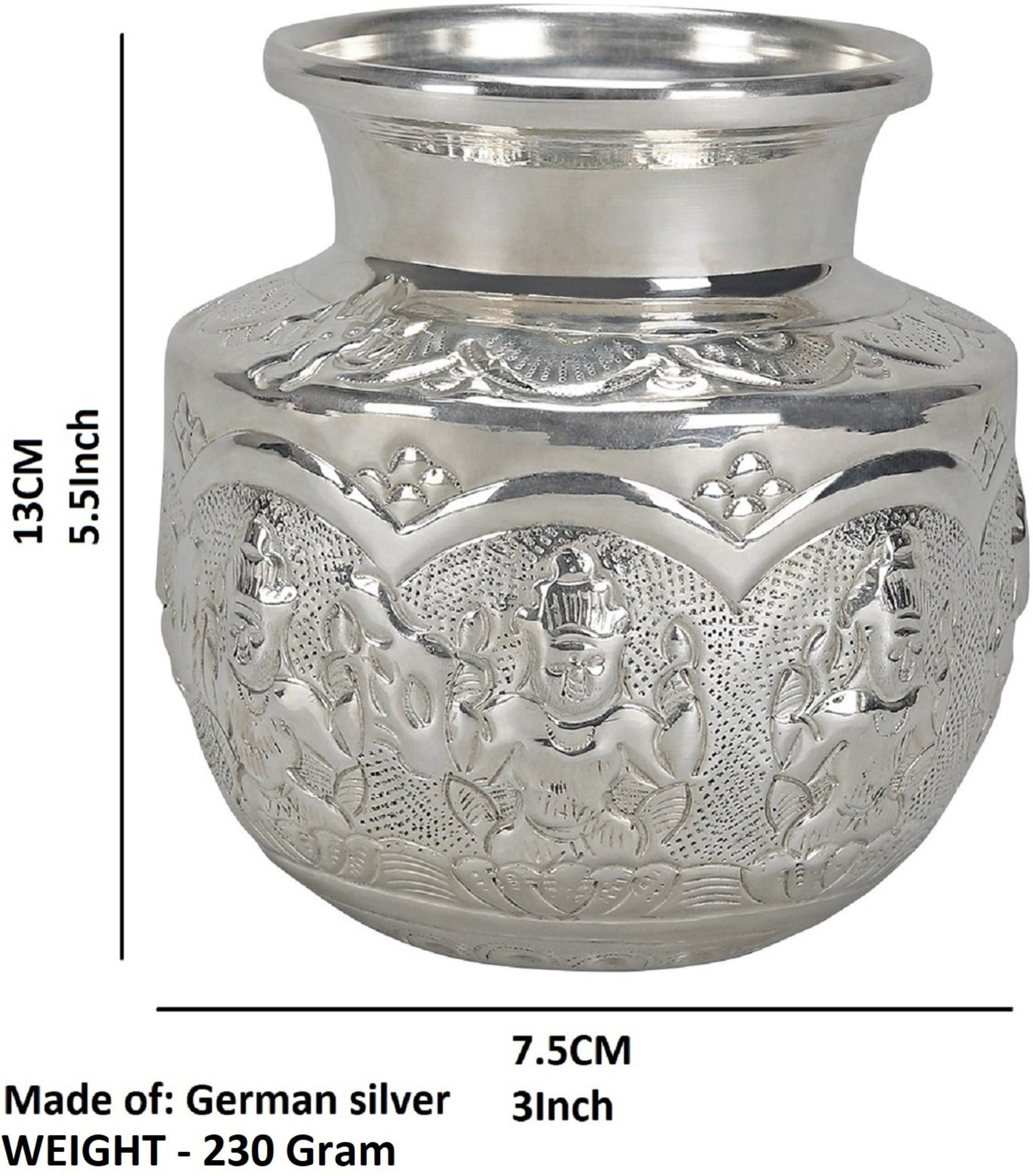 Sigaram 5.5 Inch German Silver Ashtalakshmi Kalash (Chombu) for Home Pooja Decor - Model K2559